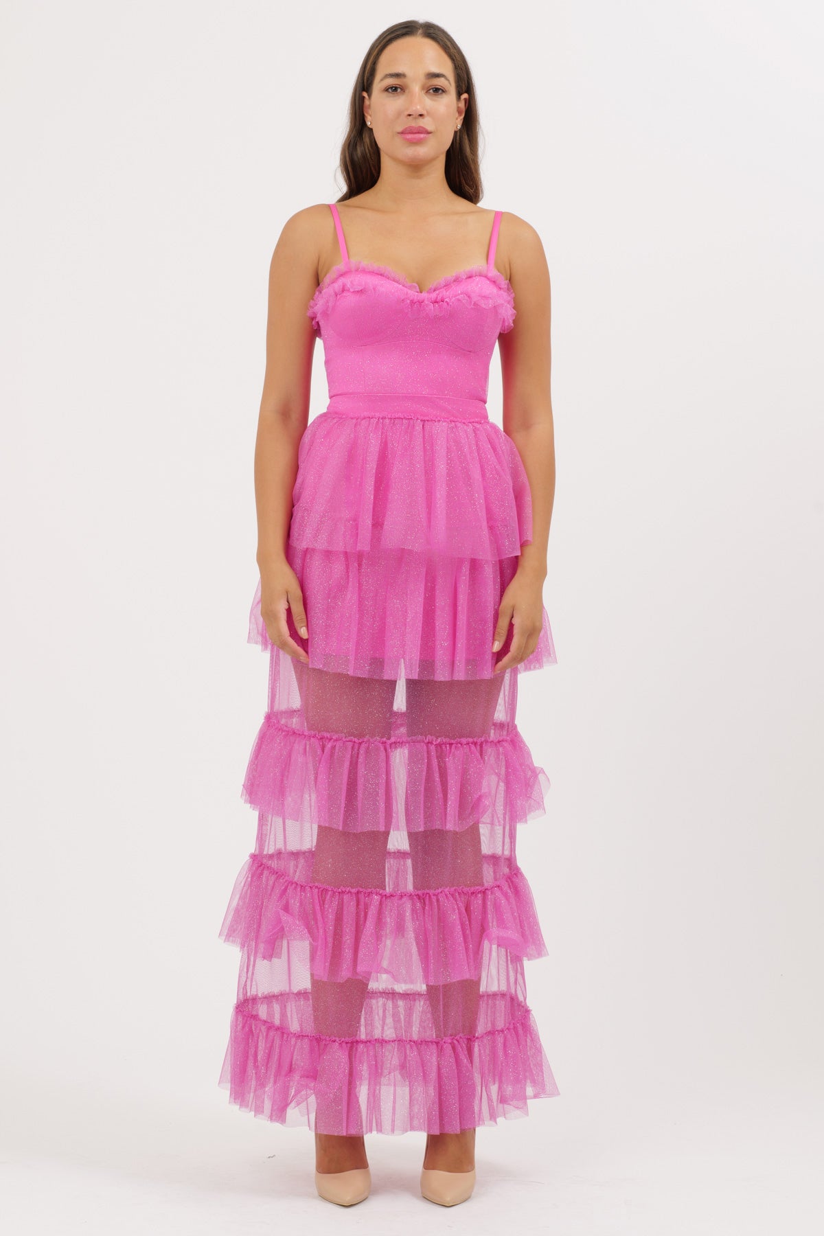 Abito Tulle Balze Fucsia