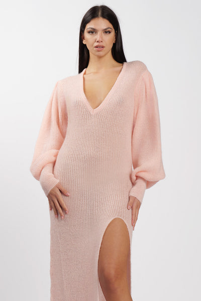 Wool Abito con spacco Rosa